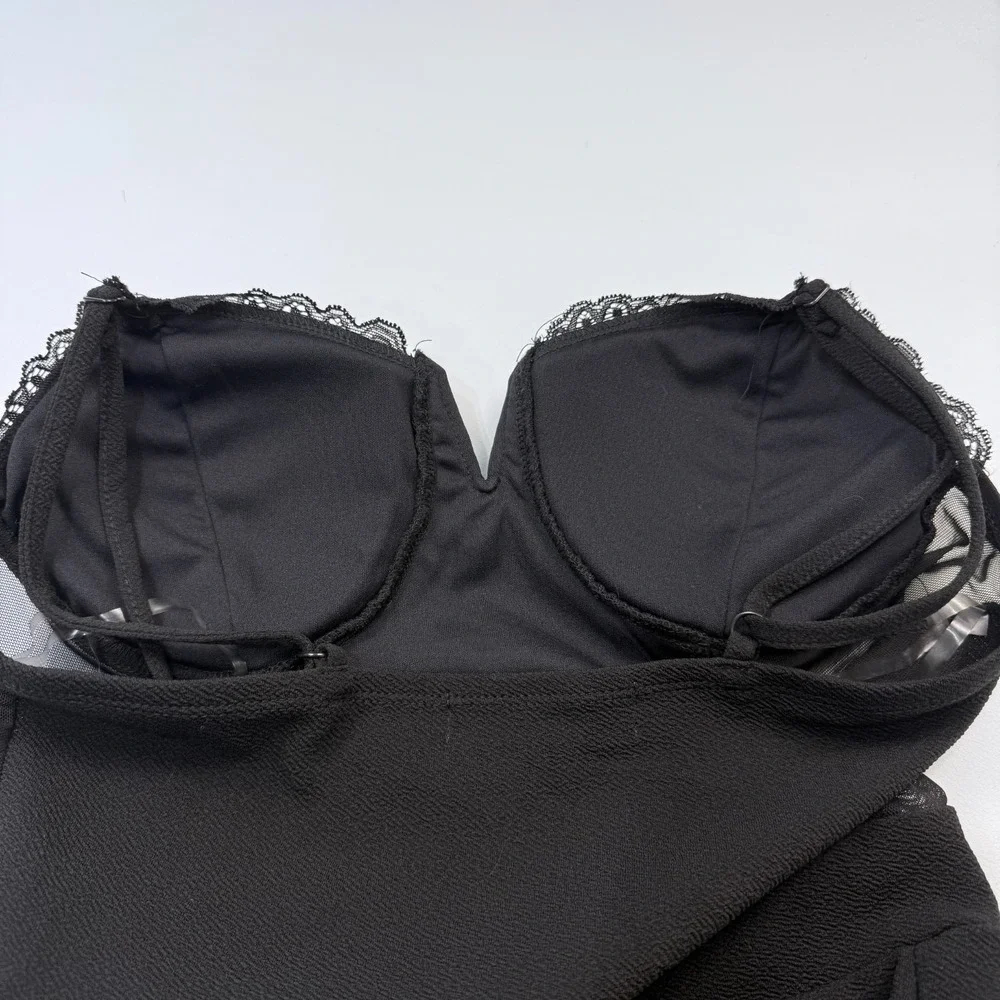Almost‎ Famous Dark Coquette Jumpsuit Size M Black Floral Lace Sheer Mesh Bodice
